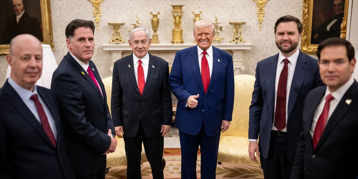 President Donald Trump greets Israeli Prime Minister Benjamin Netanyahu