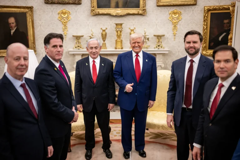 President Donald Trump greets Israeli Prime Minister Benjamin Netanyahu