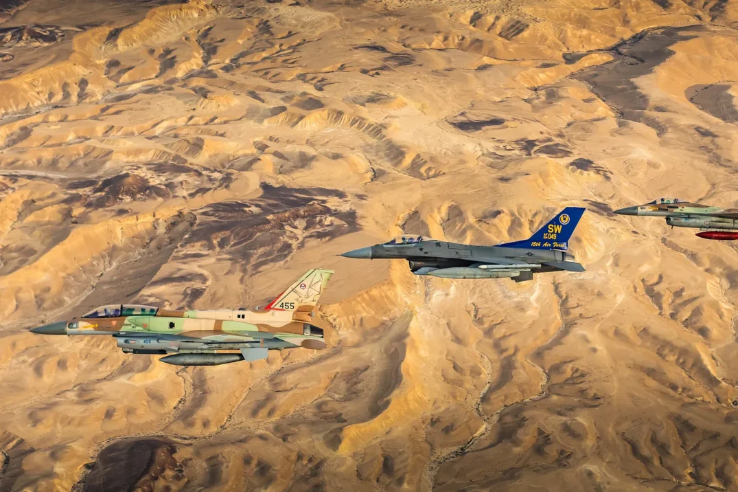 U.S. and Israeli fighter jets fly together during Exercise Desert Falcon in Israel, Jan. 16, 2022 U.S. and Israeli fighter jets fly together during Exercise Desert Falcon in Israel, Jan. 16, 2022
