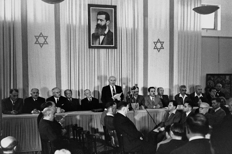David Ben Gurion proclaiming the Israeli Declaration of Independence in 1948 Rudi Weissenstein, National Photo Collection of Israel